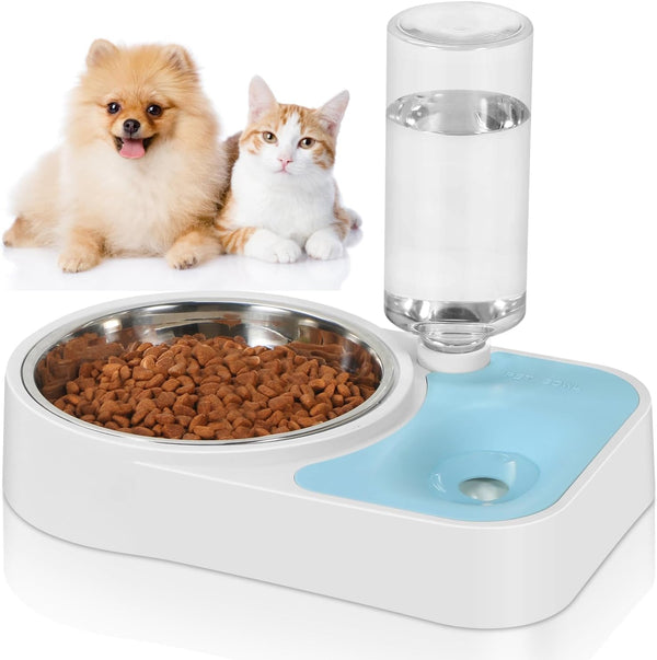 JUST RUN Double Dog Cat Bowls, Dog Cat Food and Water Bowl Set with Automatic Water Dispenser Bottle, Super Big Detachable Stainless Steel Food Bowl for Small Dogs Puppy and Cats Kitten Rabbit(Blue)1
