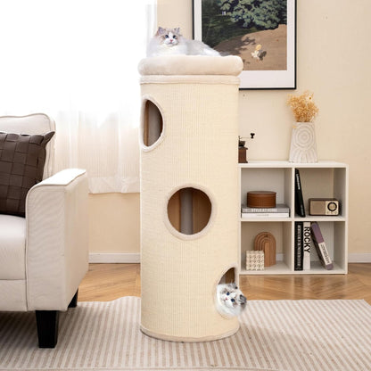 Tangkula 4 Story Cat Tree Condo, 49” Barrel-Shaped Cat House with Detachable Sisal Scratching Board, 3 Hideaways & Removable Soft Top Plush Bed, Interior Bamboo Mat, Modern Cat Tower for Indoor Cats2