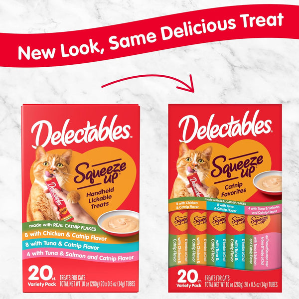 Delectables Squeeze up Catnip Variety Pack, Creamy Squeezable Puree, Lickable Wet Cat Treats, Grain Free, No Added Fillers, No By-Products, No Added Preservatives, 0.5 Ounces Tube, 20 Tubes Total2