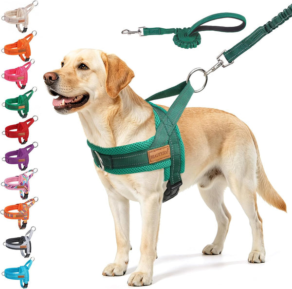 BEAUTYZOO Dog Harness No Pull, Quick Fit Dog Harness and Leash Set, Escape Proof Vest Harness with Soft Handle, Reflective Breathable Mesh Padding Harness for Medium Size Dog Training Walking, Beige M35