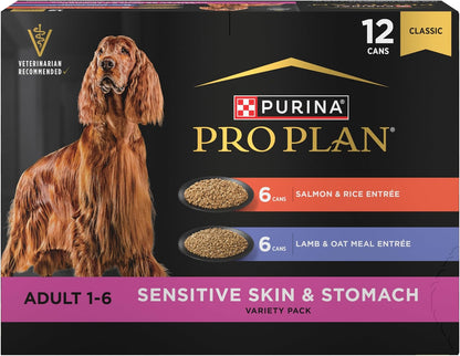 Purina Pro Plan Sensitive Skin and Stomach Dog Food Wet Classic Pate Salmon and Rice Entrée - (Pack of 12) 13 Oz. Cans15
