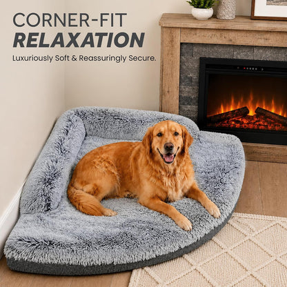 Corner Dog Bed Large, 39" Calming Fluffy Orthopedic Pet Beds, Grey | Space Saving Plush Corner Nest,Egg-Crate Foam, Washable Cover, Waterproof Liner, Non-Slip Bottom and Bolsters for Large Dogs2