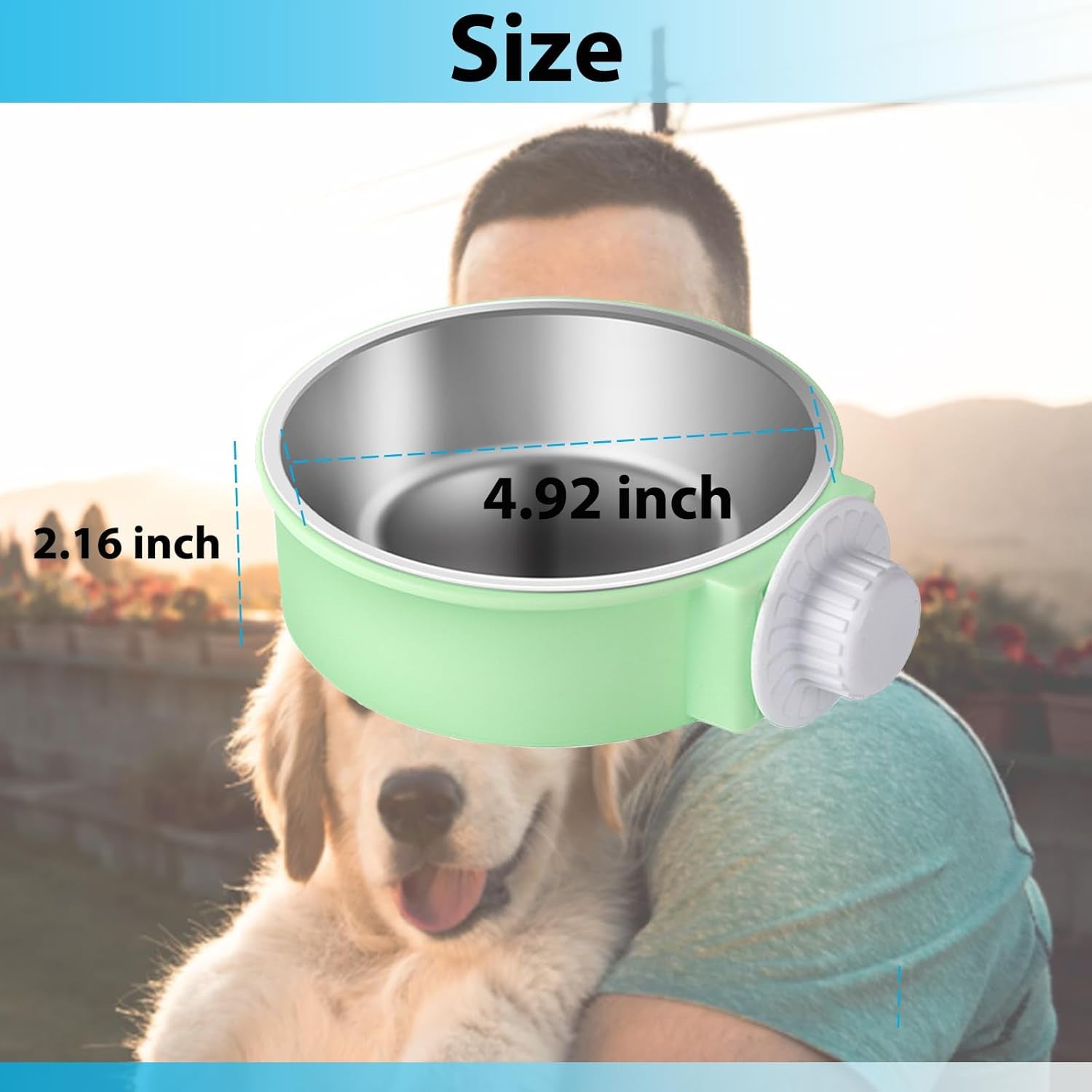 mechpia-2-pieces-crate-dog-bowl-removable-stainless-steel-pet-kennel-hanging-food-water-feeder-bowl-cage-coop-cup-for-puppy-medium-dog-cat-rabbit-ferret-bird-blue-green
