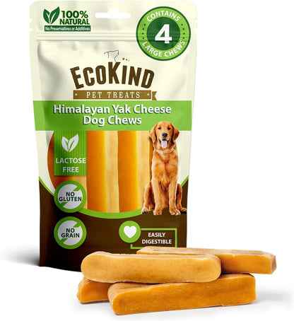 Ecokind Yak Cheese Himalayan Dog Chews, Yak Chews for Large Dogs, 4-5 Bones | 1 Lb, Long Lasting for Aggressive Chewers, Only 3 Ingredient Natural High Protein Dental Dog Treats, No Additives or Lactose1