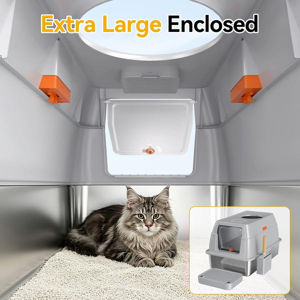XL Enclosed Stainless Steel Litter Box with Lid, Light Gray | Covered, High Sided, Rustproof & Leak Proof, Easy Clean, Odor Control, Includes Scoop & Step3