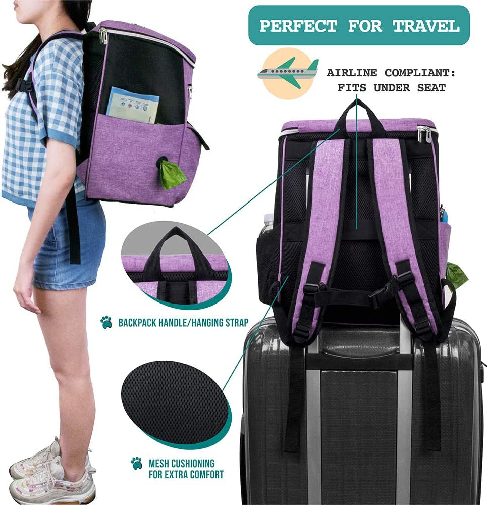 petami-dog-travel-bag-backpack-27l-airline-approved-pet-supplies-organizer-with-2-food-containers-2-collapsible-bowls-poop-bag-dispenser-weekend-road-trip-camping-dog-mom-gift-purple