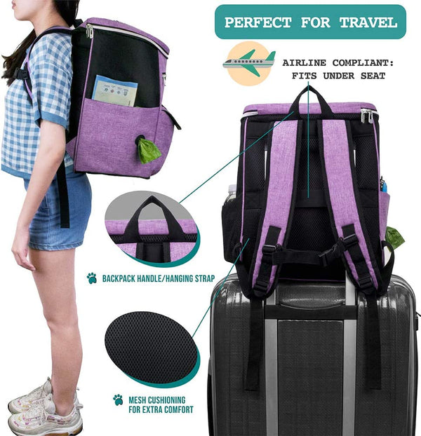 Petami Dog Travel Bag Backpack, 27L Airline Approved Pet Supplies Organizer with 2 Food Containers, 2 Collapsible Bowls & Poop Bag Dispenser, Weekend Road Trip Camping Dog Mom Gift, Purple5