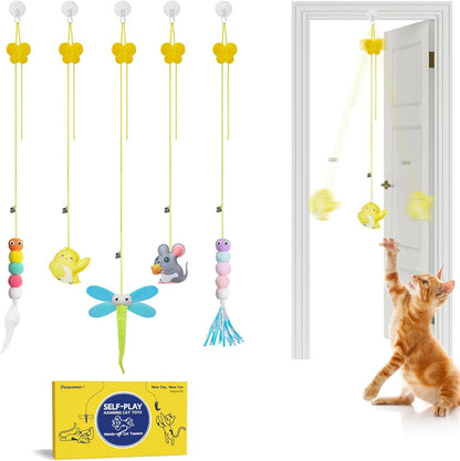 Potaroma Interactive Cat Feather Toys 5 Pcs, Cat Teaser Retractable Hanging Indoor Kitten Play Chase Exercise, Mental Physical Stimulation for All Breeds and Species | Retractable Hanging Cat Toys, Indoor Kitten Play Chase Exercise, Mental Physical Stimulation for All Breeds1