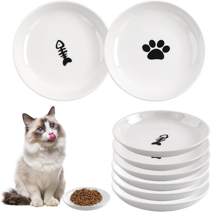 6 Pack Cat Food Bowl, Ceramic Cat Bowls, anti Whisker Fatigue Cats Bowl Set | 5.5 Inches Shallow Wide Kitten Plates for Food and Water (White-A)1