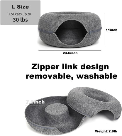 Large Cat Tunnel Bed for Indoor Cats with 3 Toys, Scratch Resistant Donut Cat Bed, up to 30 Lbs (L 24X24X11, Dark Grey)2