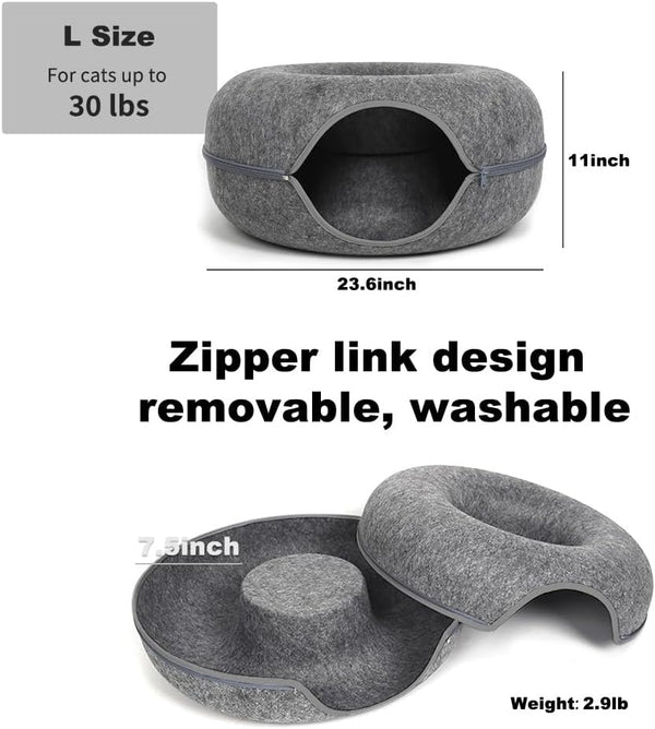 Large Cat Tunnel Bed for Indoor Cats with 3 Toys, Scratch Resistant Donut Cat Bed, up to 30 Lbs (L 24X24X11, Dark Grey)2
