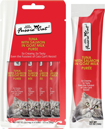 Fussie Cat Premium Tuna with Salmon in Goat Milk Puree, Lickable Cat Treats, 0.5Oz Pouch Pack of 41