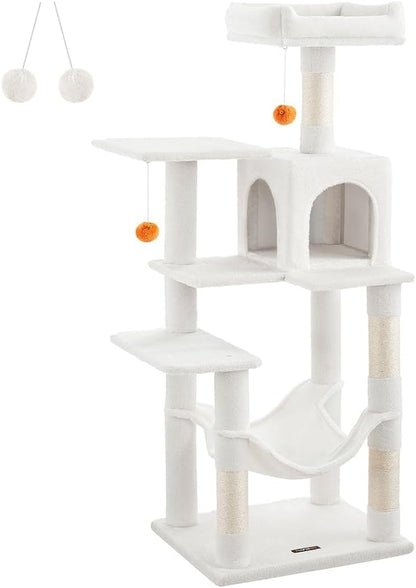 Feandrea Cat Tree, 59.5-Inch Tall Cat Tower, Plush Multi-Level Condo with 5 Scratching Posts, 2 Perches, 2 Caves, Hammock, 2 Pompoms, Light Gray UPCT192W0114