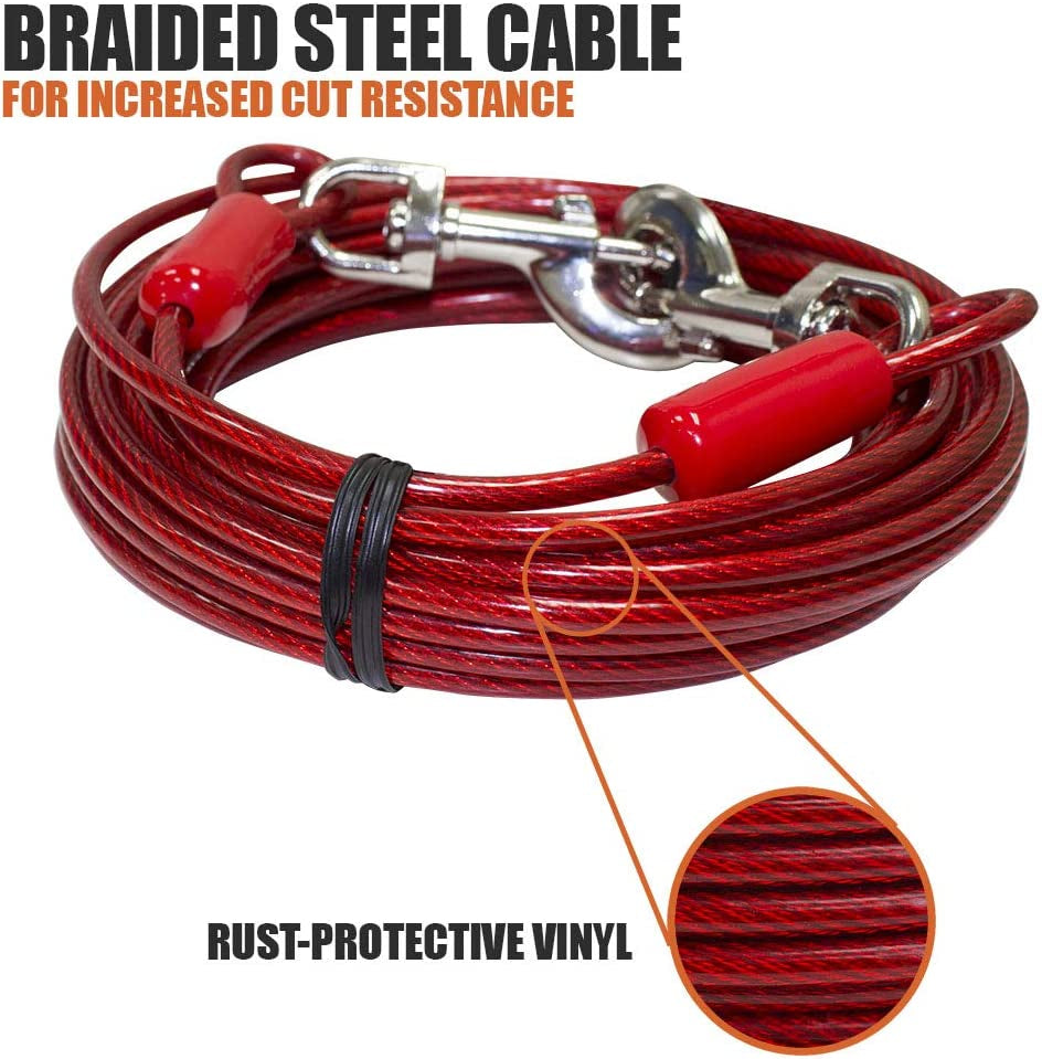 bv-dog-tie-out-cable-30-feet-heavy-duty-dog-lead-up-to-125-pounds-reflective-rust-free-with-quick-release-swivel-clips-360-rotating-clasp-tangle-free-dogs-runner-for-yard-red-single