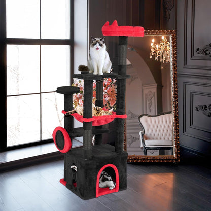 VINGLI 27.6In Gothic Cat Tree with Spacious Cat Condo & 2 Padded Perches, Red & Black Cat Tower with Scratching Ladder, Sisal Posts & Spider Toy for Large Cats10