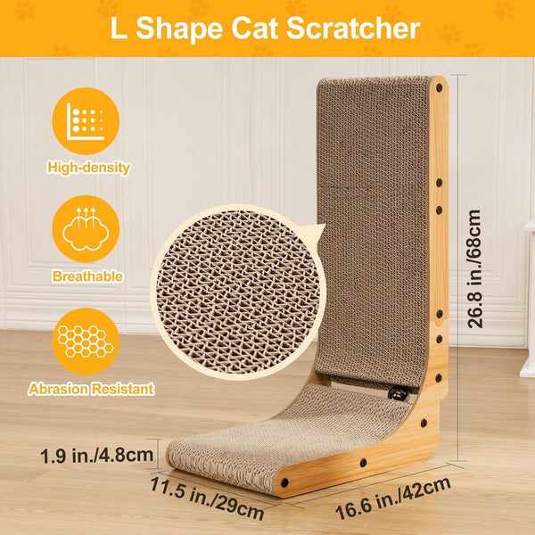 Poils Bebe L Shape Cat Scratcher, 26.8 Inch Cat Scratchers for Indoor Cats, Protecting Furniture Cat Scratch Pad, Cardboard Cat Scratching with Ball Toy, Catnip, Large4