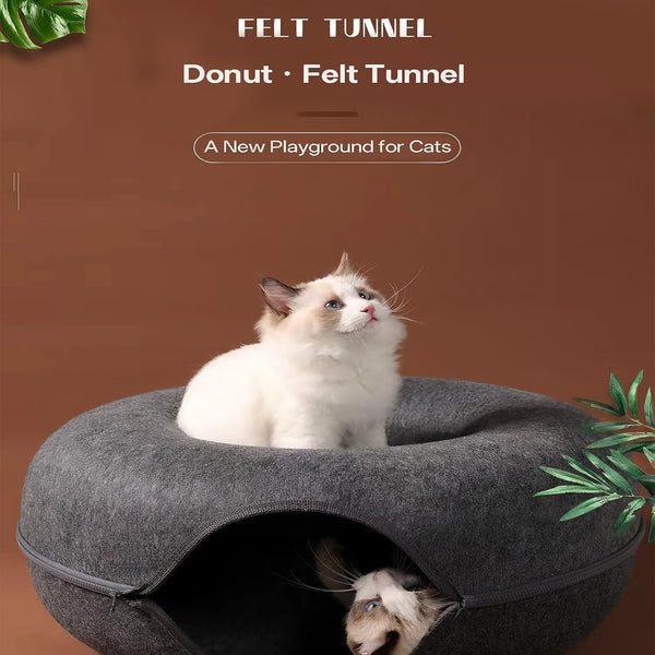 Cat Donut Tunnel Bed for Indoor Cats - Peekaboo Cat Cave, Detachable Felt, Washable, Interactive Play & Cozy Rest Space for Multiple Cats (Dark Gray)5