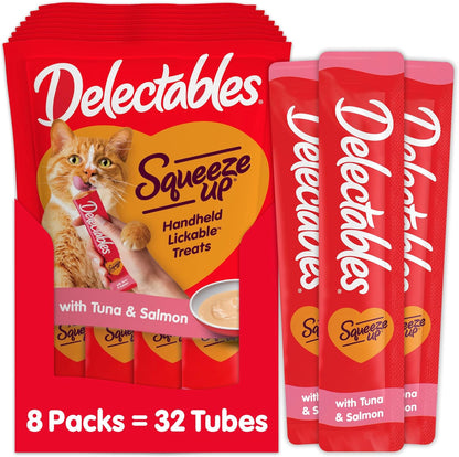 Delectables Squeeze up Creamy Squeezable Puree, Lickable Wet Cat Treats, Grain Free, No Added Fillers, No By-Products, No Added Preservatives, 0.5 Ounces Tuna & Salmon, 32 Tubes Total1