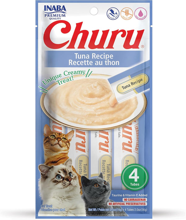 INABA Churu Cat Treats, Grain-Free, Lickable, Squeezable Creamy Purée Cat Treat/Topper with Vitamin E & Taurine, 0.5 Ounces Each Tube, 4 Tubes, Tuna with Salmon Recipe30