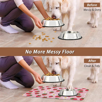 Cute Strawberry Flower Dog Cat Food Mat,Pink Absorbent Pet Feeding Mat with Rubber Backing,Non-Slip Water Bowl Placemat,Indoor Pet Accessories Supplies 12"X20"5