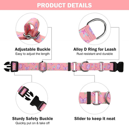 Hikiko Martingale Collar for Dogs Adjustable Soft Nylon Dog Collars with Cute Patterns for Small Medium Large Dog（Pink Butterfly,Medium）4