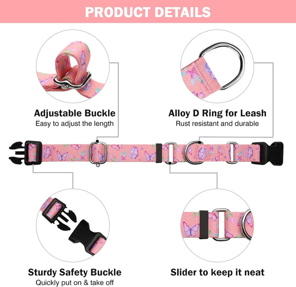 Hikiko Martingale Collar for Dogs Adjustable Soft Nylon Dog Collars with Cute Patterns for Small Medium Large Dog（Pink Butterfly,Medium）4