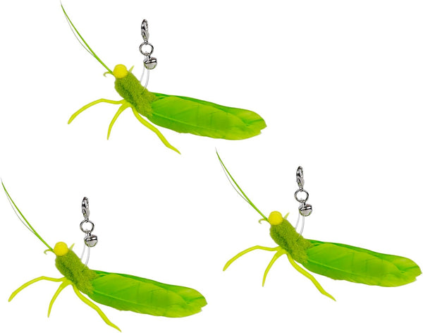 Ttcat 3 Pack Grasshopper Cat Wand Refills, Realistic Green Insect Natural Feather Detachable Replacement Toy with Bell, Universal Lobster Clip-On Cat Teaser Attachments.1