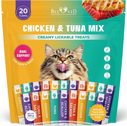 Creamy Lickable Cat Treats & Wet Food Squeeze Tubes – Liquid Kitten Snacks, Urinary Tract Care, Skin & Coat Health, Multivitamin Treats for Cats, & Small Dogs, Lick up 40 Sticks Tuna + Chicken Mix9