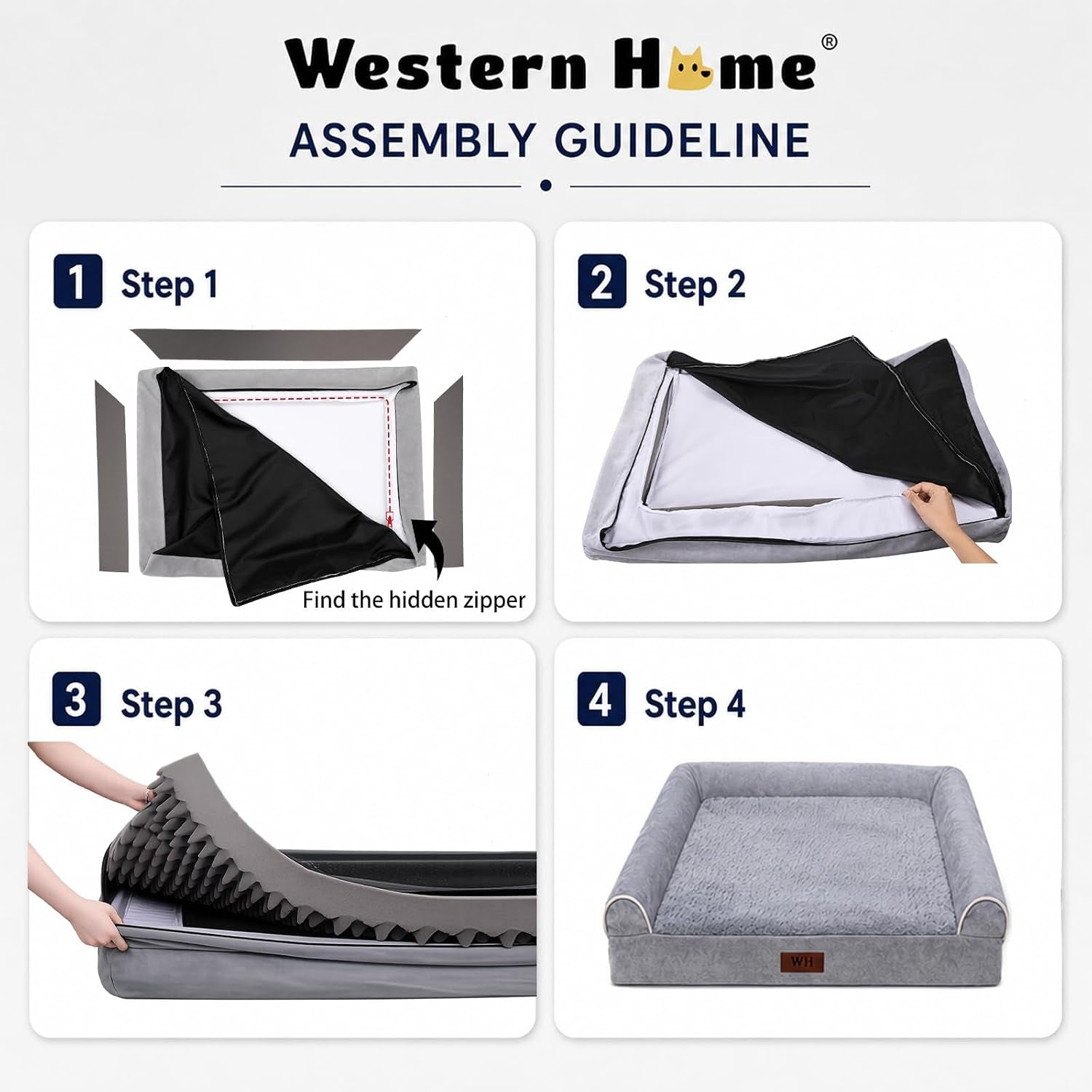 western-home-orthopedic-xl-dog-bed-extra-large-washable-dog-couch-42in-removable-cover-waterproof-liner-3-sided-bolster-for-neck-support-anti-slip-bottom-oeko-tex-certified-grey-up-to-85-lbs
