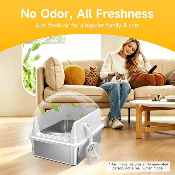 Stainless Steel Cat Litter Box with Scoop,M Metal Pan for Kittens | Metal Litter Box with High Sides & Lid, Open Top Low Entry , Non-Stick Easy Clean ，Kitty Cat Box for Indoor Cats, High Wall6