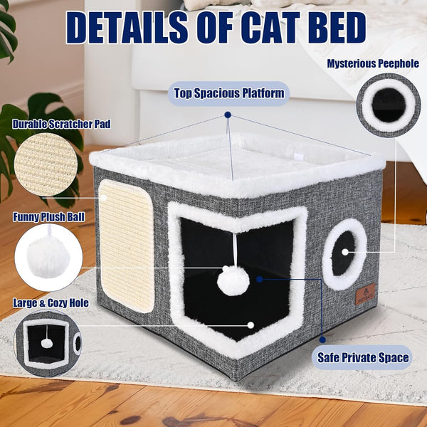 Cat Beds for Indoor Cats, Large Cat Cave Bed with Scratch Pad and Fluffy Ball, Foldable Cat Hideaway, Cat House with Reversible Cushion for Multi Small Pet up to 30LBS, Grey4