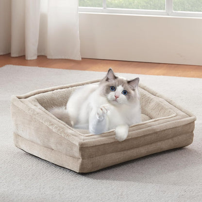 Laojin Balhen Cat Couch for Pets, Washable Cat Beds for Indoor Cats, Super Soft Plush Supportive Dog Couch Bed for Puppy and Kitten with Anti-Slip Bottom, 24Inch, Beige6