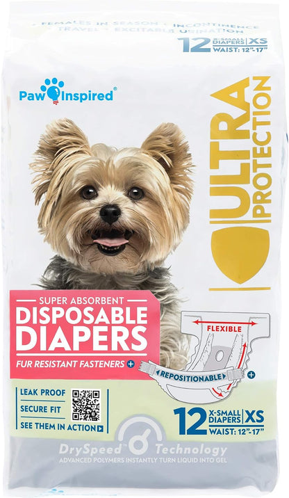 Paw Inspired Disposable Female Dog Diapers, XS Size, 12 Count | Ultra Protection, Adjustable Fasteners, Comfortable Fit, Leakproof Core, for Dogs in Heat, Excitable Urination, Incontinence1