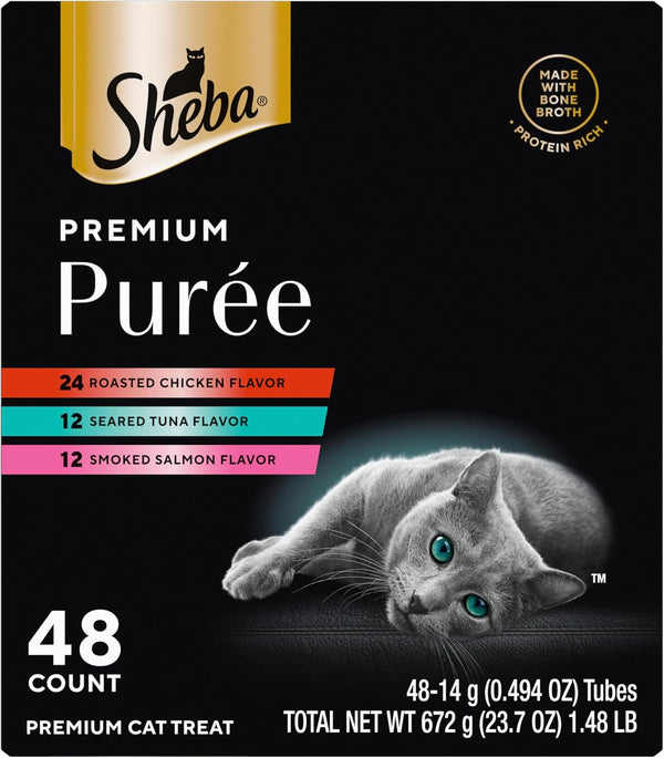 Sheba Premium Puree Lickable Cat Treats, Chicken, Salmon & Tuna, 48 Count | Grain-Free, Real Meat, No Corn/Wheat/Soy, Creamy Texture, Protein-Rich, Single-Serve Squeezable Tubes, 0.49 Oz. Tubes1