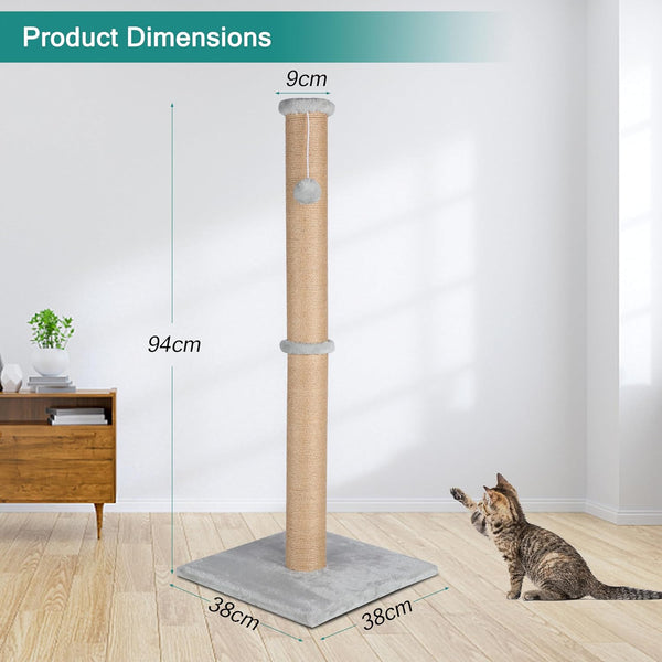 Fluffydream 37'' Cat Scratching Post, Natural Sisal Rope Scratcher with Dangling Teaser Ball and Covered with Soft Plush for Kittens and Adult Cats, Sand Color3