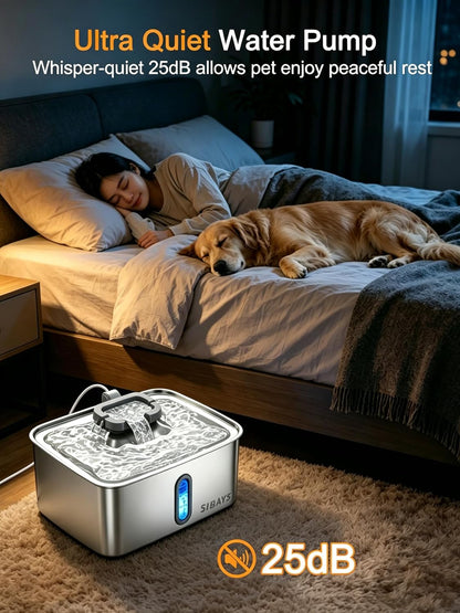 SIBAYS 4Gal/15L Dog Water Fountain for Large Dogs, Stainless Steel Large Pet Water Fountain, Ultra Quiet Automatic Dog Water Bowl Dispenser with Water Level Window and LED Light(Fs78, Silver-Grey)5