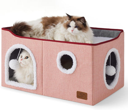 Bedsure Cat House Bed for Indoor Cats with Fluffy Ball and Scratch Pad,Grey | 16.5X16.5X13 In,Large Cat Cave for Multiple Pets,Foldable Cat Hideway Cube for Sleeping Kitten14