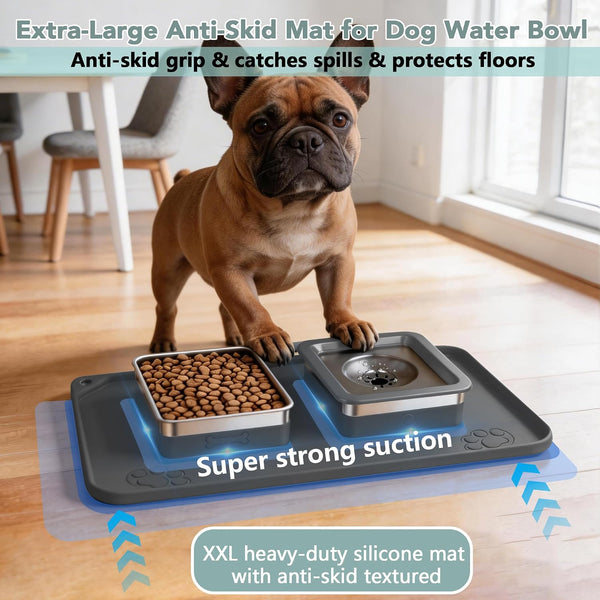 Dog Bowl Set, No Spill Dog Water and Food Bowl with Silicone Mat | Large Capacity 304 Stainless Steel Bowls, 2-In-1 Set, Slows Drinking, Anti-Slip Silicone Feeding Mat, Home/Travel, 6-7 Cups5