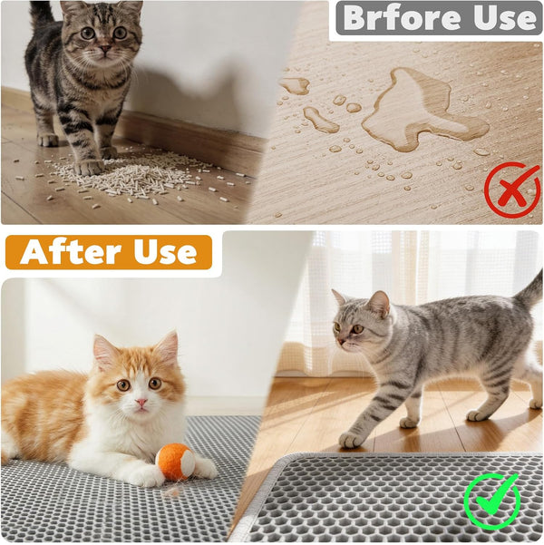 Cat Litter Mat 46"X26", Double Layer Waterproof Litterbox Mat, Gray | Non-Slip Backing, Washable for Easy Cleanup, Traps Stray Litter with Waterproof Honeycomb Large Grid That Is Urine-Proof.3