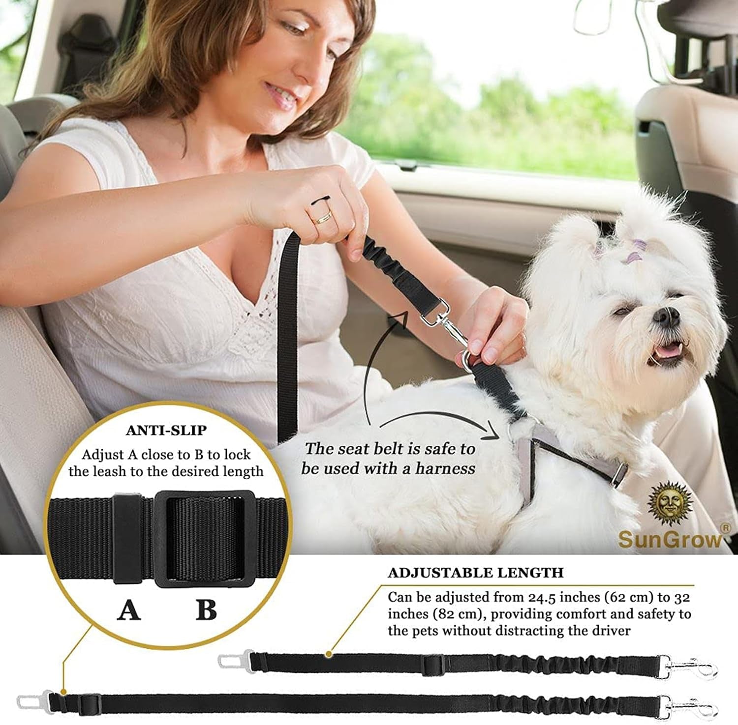 sungrow-elastic-nylon-dog-seat-belt-24-36-adjustable-black-harness-elastic-tether-with-metal-buckles-2-pcs-per-pack