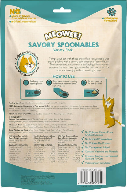 MEOWEE! Savory Spoonables Variety Pack, 12 Count Tube, Triple Flavor Squeezable Lickable Wet Treats for Cats with Built-In Spoon for Less Mess2