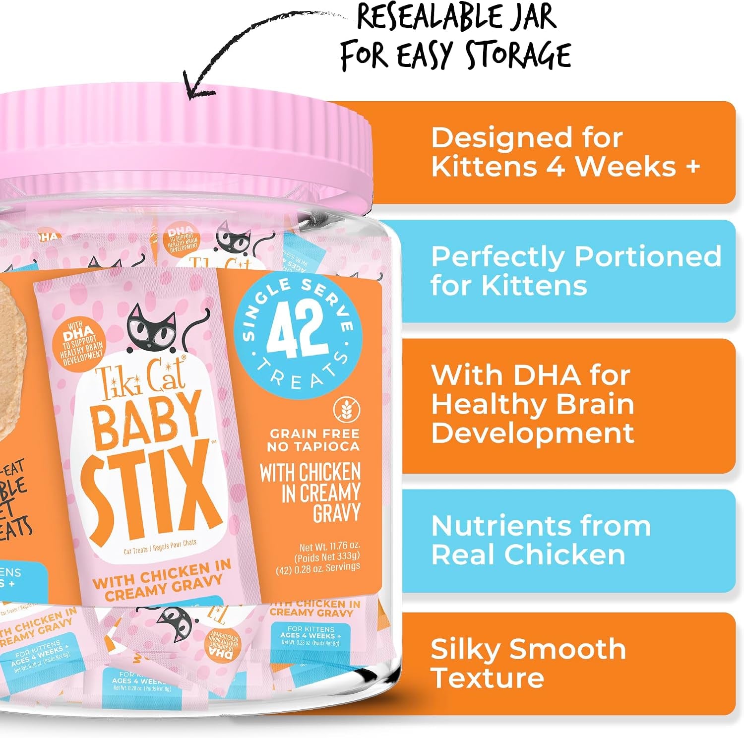 tiki-cat-baby-stix-wet-cat-treats-chicken-in-creamy-gravy-0-28-oz-sachets-42-count-jar