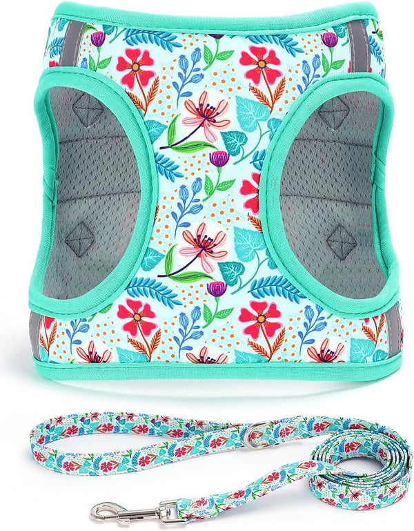 Step in Dog Harness Leash Set- All Weather Reflective No-Pull Floral Pattern Padded Mesh Vest Harness for Cats Puppy Extra-Small Small Medium Large Dogs - Pink Flower - S11