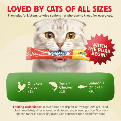 Catworx by Chewmasters Purrfect Squeeze Lickable Soft Cat Treats - 54 Pack | Creamy Purée Squeeze Tubes for Kittens and Adult Cats - Hand Feeding Snack or Food Topper - Training Reward, 0.53 Ounce5