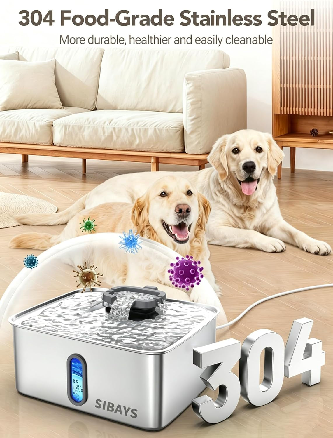 sibays-4gal-15l-dog-water-fountain-for-large-dogs-stainless-steel-large-pet-water-fountain-ultra-quiet-automatic-dog-water-bowl-dispenser-with-water-level-window-and-led-lightfs78-silver-grey