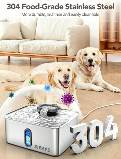 SIBAYS 4Gal/15L Dog Water Fountain for Large Dogs, Stainless Steel Large Pet Water Fountain, Ultra Quiet Automatic Dog Water Bowl Dispenser with Water Level Window and LED Light(Fs78, Silver-Grey)3
