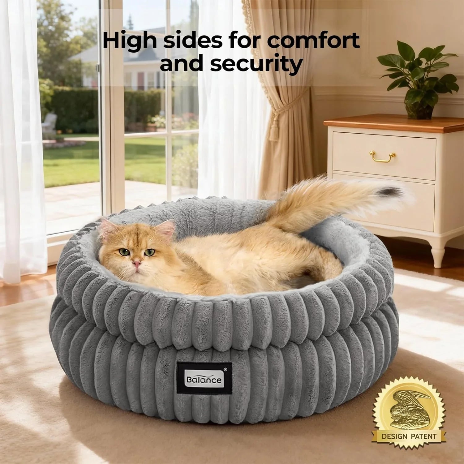 cozy-gray-cat-bed-with-high-sides-for-comfort-featuring-a-fluffy-orange-cat-relaxing-inside