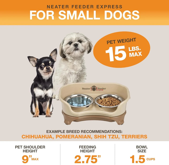 Elevated dog feeder for small dogs like Chihuahua & Shih Tzu, 15 lbs max, with 2 stainless steel bowls+2
