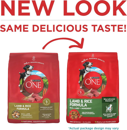 Purina ONE Lamb & Rice Formula dog food, new look same taste, real lamb #1 ingredient, microbiome balance2