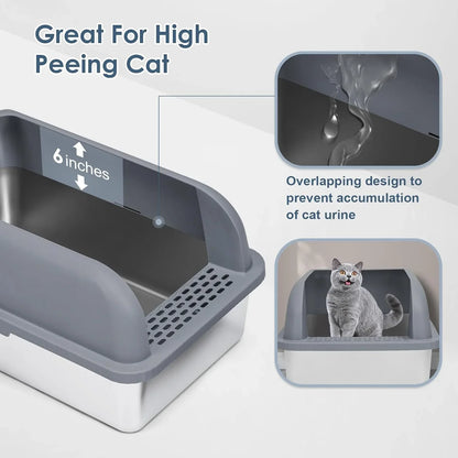 Gray cat litter box with 6-inch high sides, overlapping design to prevent urine leaks, ideal for high-peeing cats2